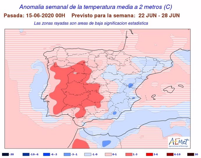 Mapa elaborado por la Aemet sobre la previsió de temperaturas en el inicio del verano
