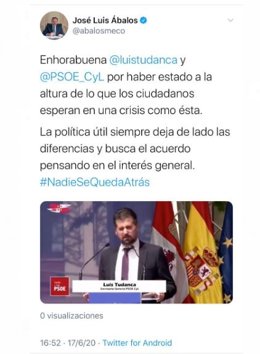 Captura del Tuit de José Luis Ábalos en el que felicita a Tudanca y al PSOE de CyL.