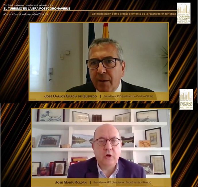 El presidente del ICO, José Carlos García de Quevedo, y el presidente de AEB, José María Roldán, en el SUMMIT VIRTUAL BARCELONA 2020 TOURISM & ECONOMY.
