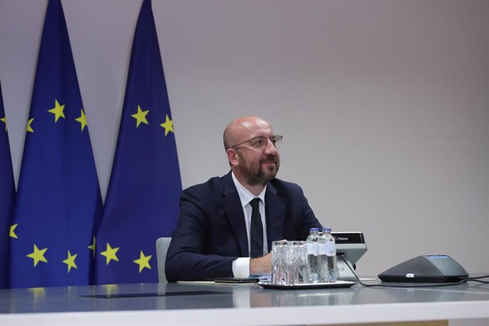 HANDOUT - 15 June 2020, Belgium, Brussels: European Council President Charles Michel attends an EU-UK talks, held via video conference at the European Council with participation of the EU Commission President Ursula von der Leyen, European Parliament Pr
