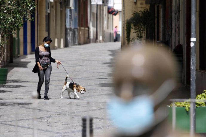Una señora pasea su perro cerca de la estatua del pintor malagueño, Pablo Picasso, ubicada en la Plaza de la Merced de Málaga, ataviada con una mascarilla para protegerse del virus COVID-19. Málaga a 25 de abril del 2020