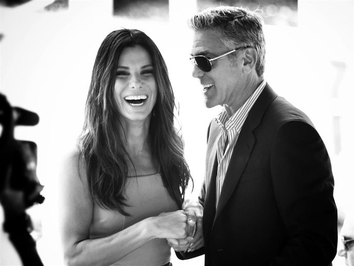 An alternative view of actors Sandra Bullock and George Clooney who attend the 'Gravity' photocallthe 70th Venice International Film Festival on August 28, 2013 in Venice, Italy.