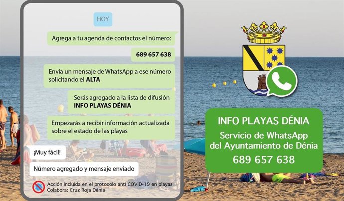 Cartel sobre el nuevo servicio de Whatsapp sobre el estado de las playas.