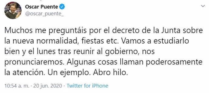 Tuit del alcalde de Valladolid, Óscar Puente, sobre el plan de la Junta para la 'nueva normalidad'.