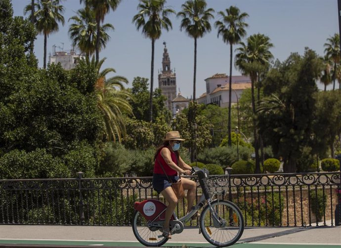 Una persona circula en bicicleta por Sevilla