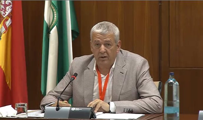El secretario general en Andalucía del Sindicato de Enfermería, Satse, José Sánchez Gámez, plantea este lunes en el Parlamento autonómico, en el marco de subcomisión de Sanidad y Salud Pública de la Comisión de estudio sobre la recuperación económica