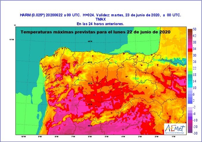 Mapa facilitado por la Aemet sobre la previsión de temperaturas para este martes