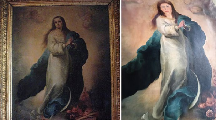 Imagen de la copia de una de las famosas Inmaculadas de Murillo del coleccionista valenciano (i) y el resultado después de la intervención 