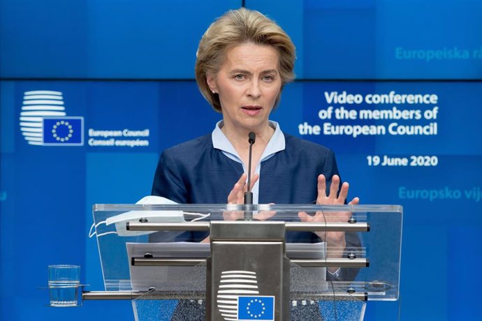 HANDOUT - 19 June 2020, Belgium, Brussels: European Commission President Ursula von der Leyen speaks during a press conference following an European summit via videolink. Photo: Etienne Ansotte/European Commission/dpa - ATTENTION: editorial use only and