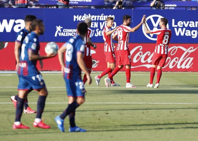 El Atlético celebra el gol ante el Levante que le dio la victoria en la 31ª jornada de LaLiga