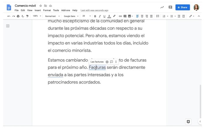 Sugerencias gramaticales en español en Docs