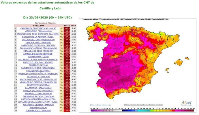 Mapa elaborado por la Aemet sobre las máximas registradas en CyL en la jornada del martes 23 de junio