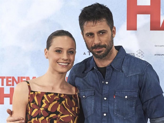 Spanish actress Michelle Jenner and Spanish actor Hugo Silva attend the "Tenemos Que Hablar" photocall at the Telefonica Flagship Store on February 24, 2016 in Madrid, Spain.