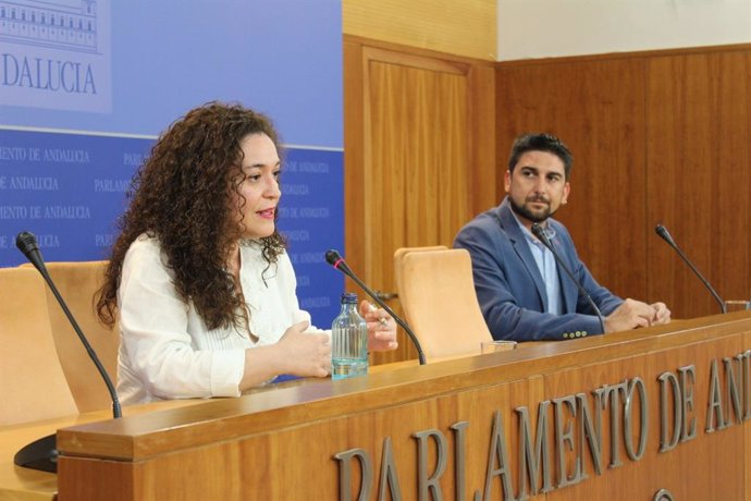 La portavoz parlamentaria de Adelante Andalucía, Inmaculada Nieto, y el diputado autonómico Ismael Sánchez, en rueda de prensa en el Parlamento.