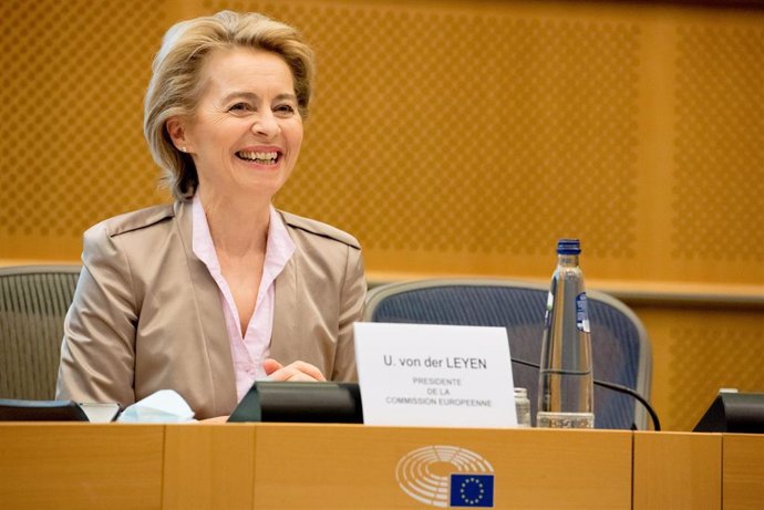 HANDOUT - 23 June 2020, Belgium, Brussels: European Commission President Ursula von der Leyen reacts during a joint press conference with President of European Parliament David Sassol (not pictured). Photo: Etienne Ansotte/European Commission/dpa - ATTE