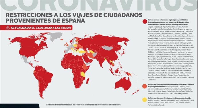 Mapa de los países que imponen prohibiciones de entrada a ciudadanos españoles o tienen suspendidas las conexiones aéreas o marítimas