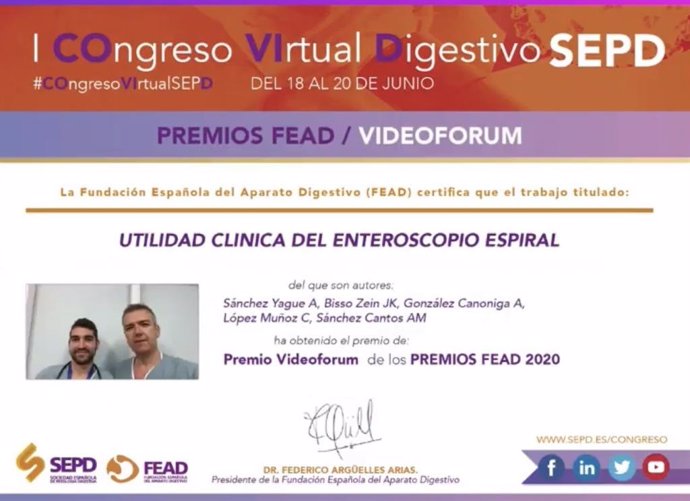 El Hospital Costa del Sol recibe el premio al mejor videoforum endoscópico en el I Congreso Virtual de Digestivo