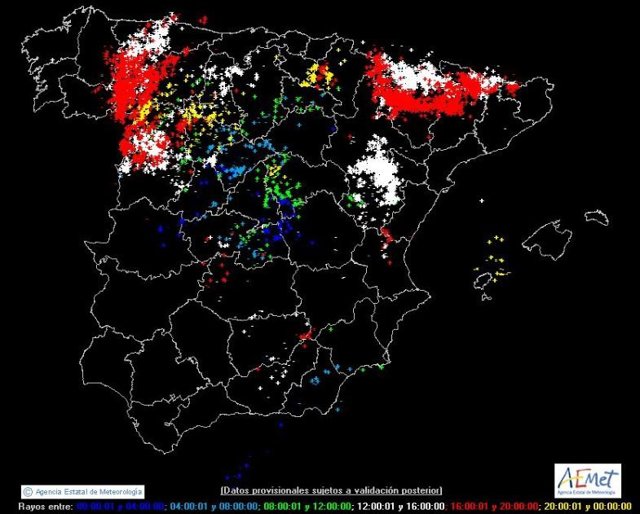 Mapa infográfico con las descargas de rayos caídos en España.