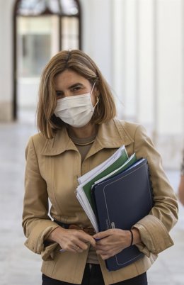 La consejera de Empleo, Rocío Blanco, a su llegada a la rueda de prensa tras la reunión del Consejo de Gobierno de la Junta de Andalucía. En el Palacio de San Telmo (Sevilla, Andalucía, España), a 16 de junio de 2020.
