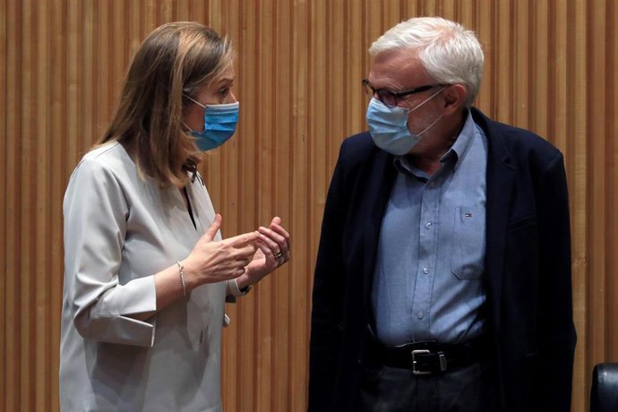 El representante de la Federación de Asociaciones para la Defensa de la Sanidad Pública (FADSP), Marciano Sánchez Bayle, conversa con la vicepresidenta del Congreso, Ana Pastor, en la Comisión para la Reconstrucción. Madrid, a 2 de junio de 2020.