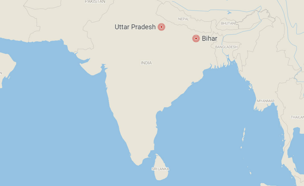 Mapa con la localización de los estados indios de Bihar y Uttar Pradesh