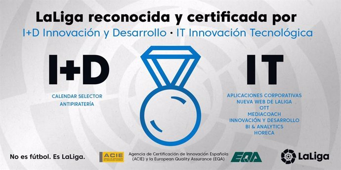 Fútbol.- LaLiga recibe certificaciones I+D+i en materia tecnológica y de innovac