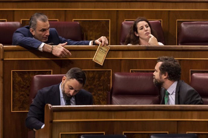 Los diputados de VOX Javier Ortega Smith (arriba) e Iván Espinosa de los Monteros (abajo, derecha) charlan en el Congreso.