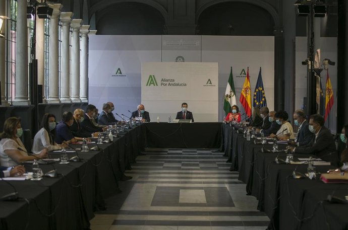 El presidente de la Junta, Juanma Moreno (c), durante su reunión en el marco de la Alianza por Andalucía y en el que participan representantes del ámbito sanitario andaluz. En el Palacio de San Telmo, Sevilla (Andalucía, España), a 26 de junio de 2020.