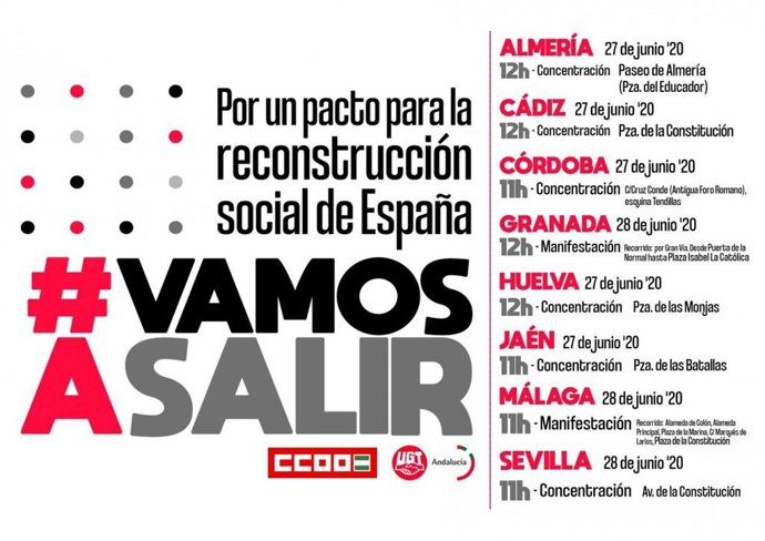 Imagen con la distribución provincial de la movilización de CCOO y UGT en demanda de un pacto nacional de reconstrucción social.