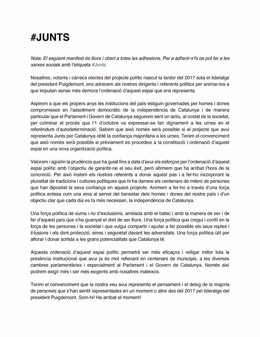 Manifiesto apoyado por dirigentes y afines al JxCat que urge a reordenar su espacio político