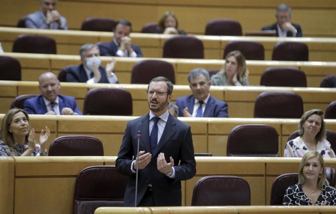 El portavoz del Grupo Popular en el Senado, Javier Maroto, durante su intervención en una sesión de control al Gobierno en el Senado.  En Madrid (España) a 16 de junio de 2020.