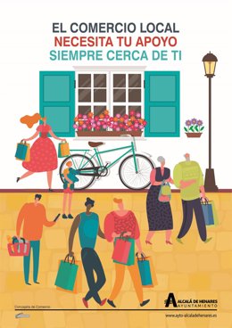 Cartel promocional del ayuntamiento de Alcalá de Henares en apoyo al comercio local.