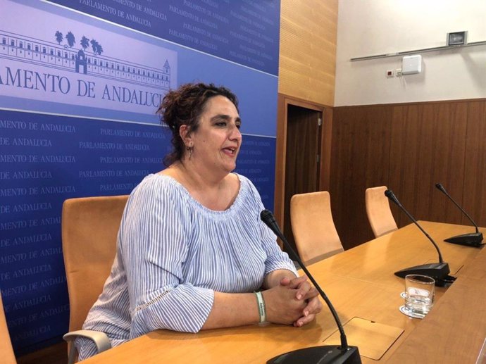 La portavoz adjunta de Adelante Andalucía, Ángela Aguilera, en rueda de prensa en el Parlamento andaluz.