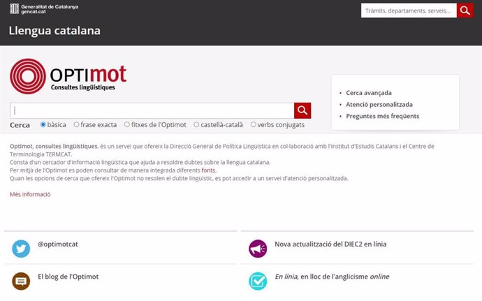 Captura de pantalla del portal de consultes lingüístiques en catal Optimot