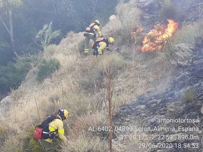 Bomberos forestales trabajan contra las llamas en Serón
