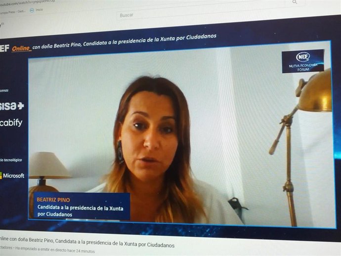 La candidata de Ciudadanos a la presidencia de la Xunta, Beatriz Pino, durante un encuentro virtual organizado por Nueva Economía Forum.