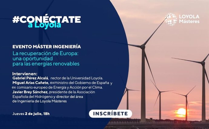 Cartel promocional del encuentro virtual de Loyola Andalucía sobre energías renovables.