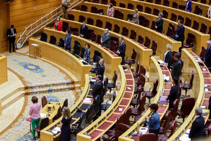 Los diputados del Senado guardan un minuto de silencio por los fallecidos por coronavirus al inicio de la sesión del pleno de control al Gobierno centrado de nuevo en las consecuencias de la pandemia por el coronavirus, pero en el que también se tratan 