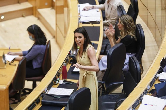 La Ministra de Igualdad, Irene Montero (i), durante su intervención en una sesión plenaria en el Senado 