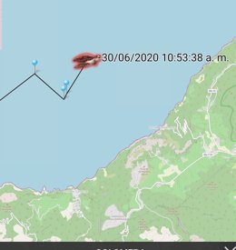 Posición de la tortuga 'Colomera' en el mapa la mañana de este martes, en aguas del área del Port de Valldemossa, en Mallorca.