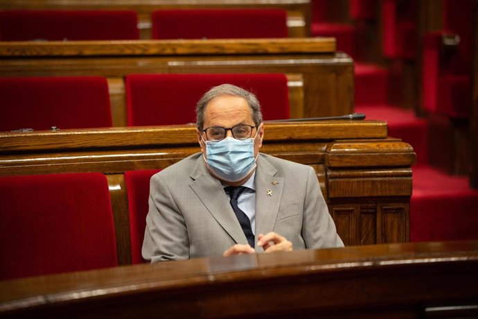 El presidente de la Generalitat, Quim Torra, en el pleno monográfico sobre la pandemia y sus consecuencias económicas y sociales del Parlament.