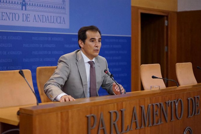 El portavoz parlamentario del PP-A, José Antonio Nieto, en rueda de prensa en el Parlamento.