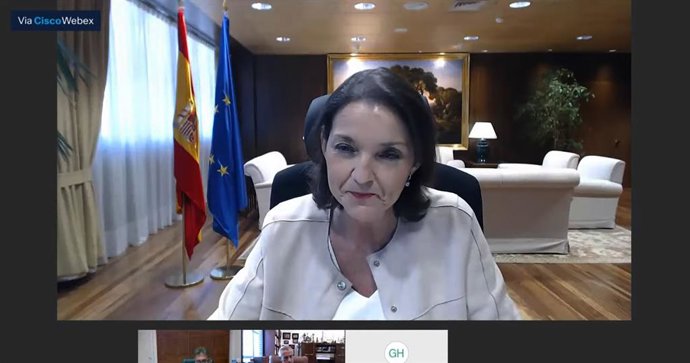 La ministra de Industria, Comercio y Turismo, Reyes Maroto, interviene por videoconferencia en la décima edición del ciclo de ponencias 'Salvemos el Turismo', en Madrid (España), a 1 de julio de 2020.