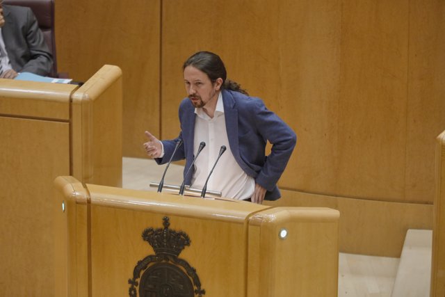 El Vicepresidente primero del Gobierno y Ministro de Derechos Sociales y Agenda 2030, Pablo Iglesias, durante una sesión plenaria en el Senado 