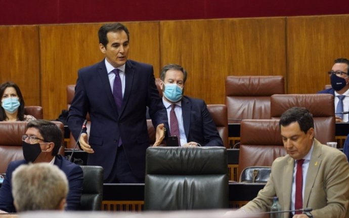 El portavoz parlamentario del PP-A, José Antonio Nieto, pregunta al presidente de la Junta, Juanma Moreno, en la sesión de control al Gobierno andaluz en el Pleno del Parlamento.