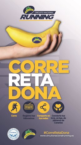 Cartel anunciador del reto solidario de 'Pátano de Canarias' para donar un kilo de plátano por kilómetro recorrido