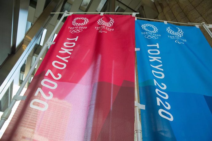 Colorful banners of the Tokyo 2020 Olympic Games displayed in the Shinjuku Municipal Administration building