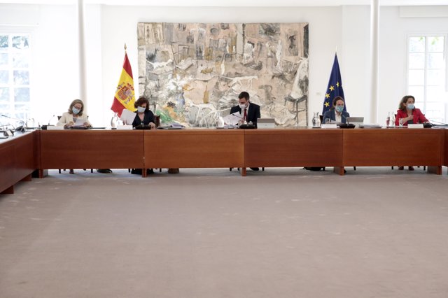 El presidente del Gobierno, Pedro Sánchez (3L) y los vicepresidentes Nadia Calviño (1L), Carmen Calvo (2L), Pablo Iglesias (2R) y Teresa Ribera (1R)  durante el Consejo de Ministros