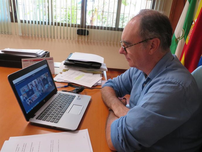 El delegado de Empleo, Formación, Trabajo Autónomo, Economía, Conocimiento, Empresas y Universidad en Huelva, Antonio Augustín, en el encuentro digital con empresarios de Aracena.