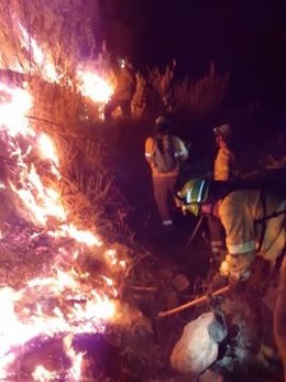 Los bomberos combaten el incendio de Almonaster la Real (Huelva)